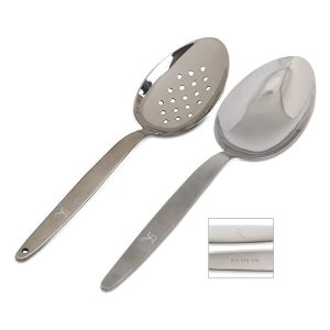 Kunz Perforated and Regular Set | Pack of 2 | 18/10 Stainless Steel | 9 Inch Cooking Dinner Serving Basting Quenelle Chef Spoon