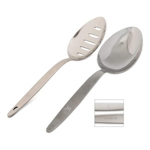 Chef Kunz Slotted and Regular Spoon Set | Pack of 2 | 18/10 Stainless Steel | 9 Inch Cooking Dinner Serving Basting Quenelle Chef Spoons