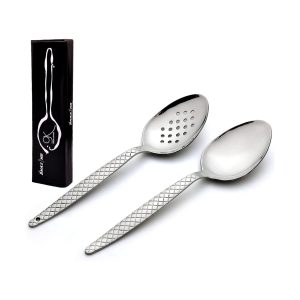 Chef Kunz Spoon | Pack of 2 | 18/10 Stainless Steel Professional Chefs 9 inch Solid Bowl Silver Plating Spoon | Non-Slip Grip Spoons for Basting, Quenelle, Serving, Sauces