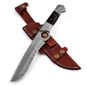 Handmade Damascus Hunting Knife with Scout Horizontal Carry Leather Sheath | Full Tang Fixed Blade Bushcraft, Camping, Skinning Knife | EDC Overall 13.5" Bowie Knife with sheath