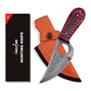 Handmade Damascus Hunting Knife with Sheath | Damascus Knives Damascus Steel Knife for Skinning, Camping, Outdoor | EDC 7.5 Inch Fixed Blade Bushcraft Knives for Men